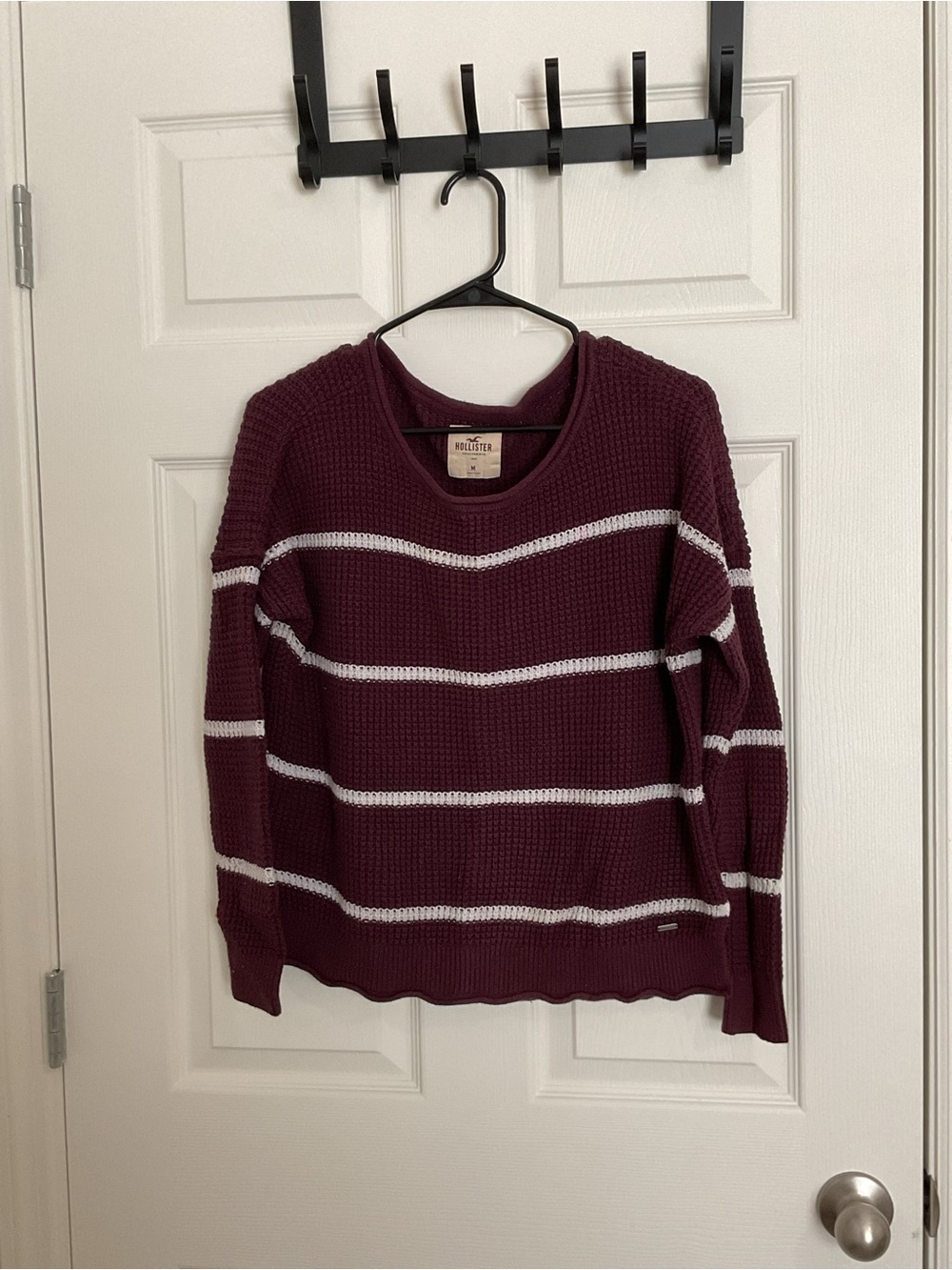 Hollister Maroon Crewneck Sweater with White Stripes